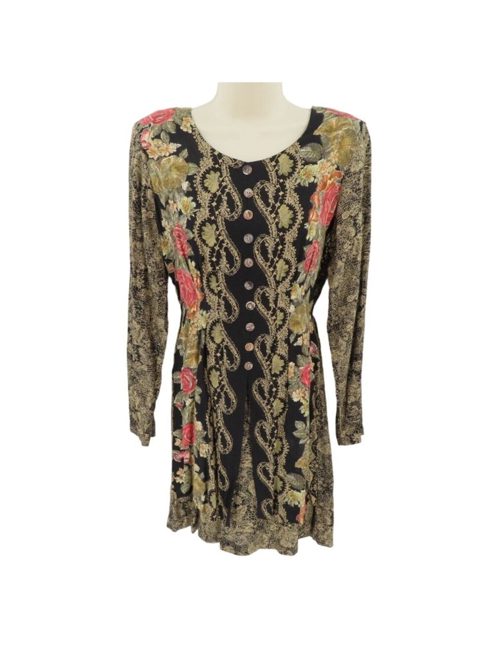 VTG Dawn Joy Womens 7/8 Floral Flower Lace Print Button Long Sleeve Dress Boho